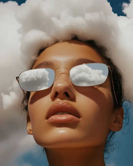A creative portrait with clouds reflecting in sunglasses, illustrating the innovative potential of Nimbus Library.