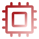 Red icon of a computer CPU chip with pins extending outward.