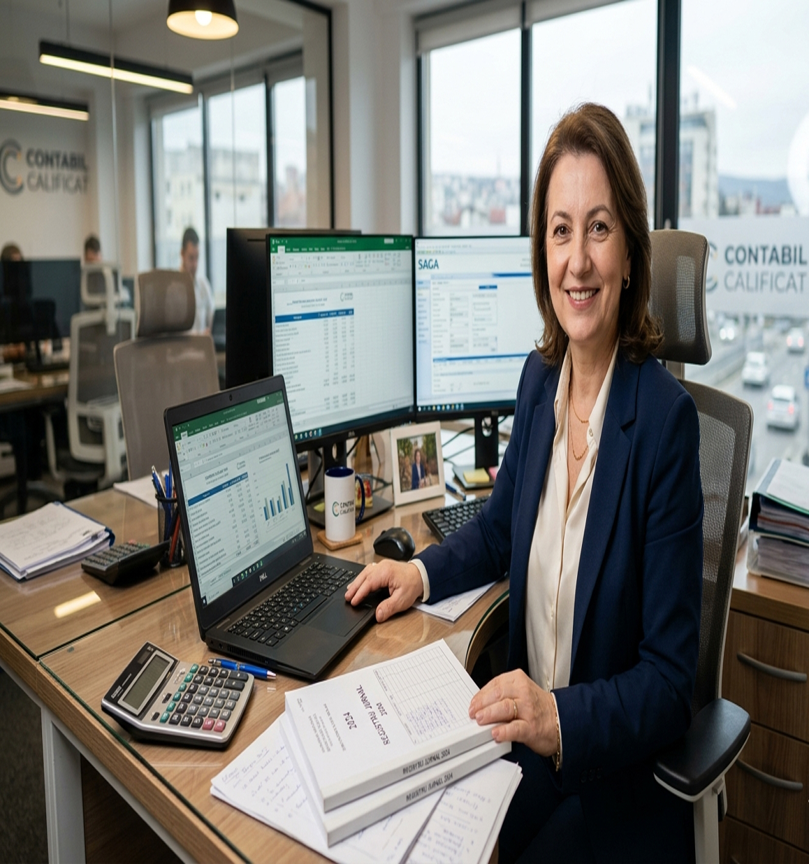 Smiling businesswoman in a navy blazer sitting at a desk with an open laptop, dual monitors displaying spreadsheets, calculator, documents, and office supplies in a modern office.