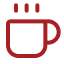 Red coffee cup icon with steam rising above it.