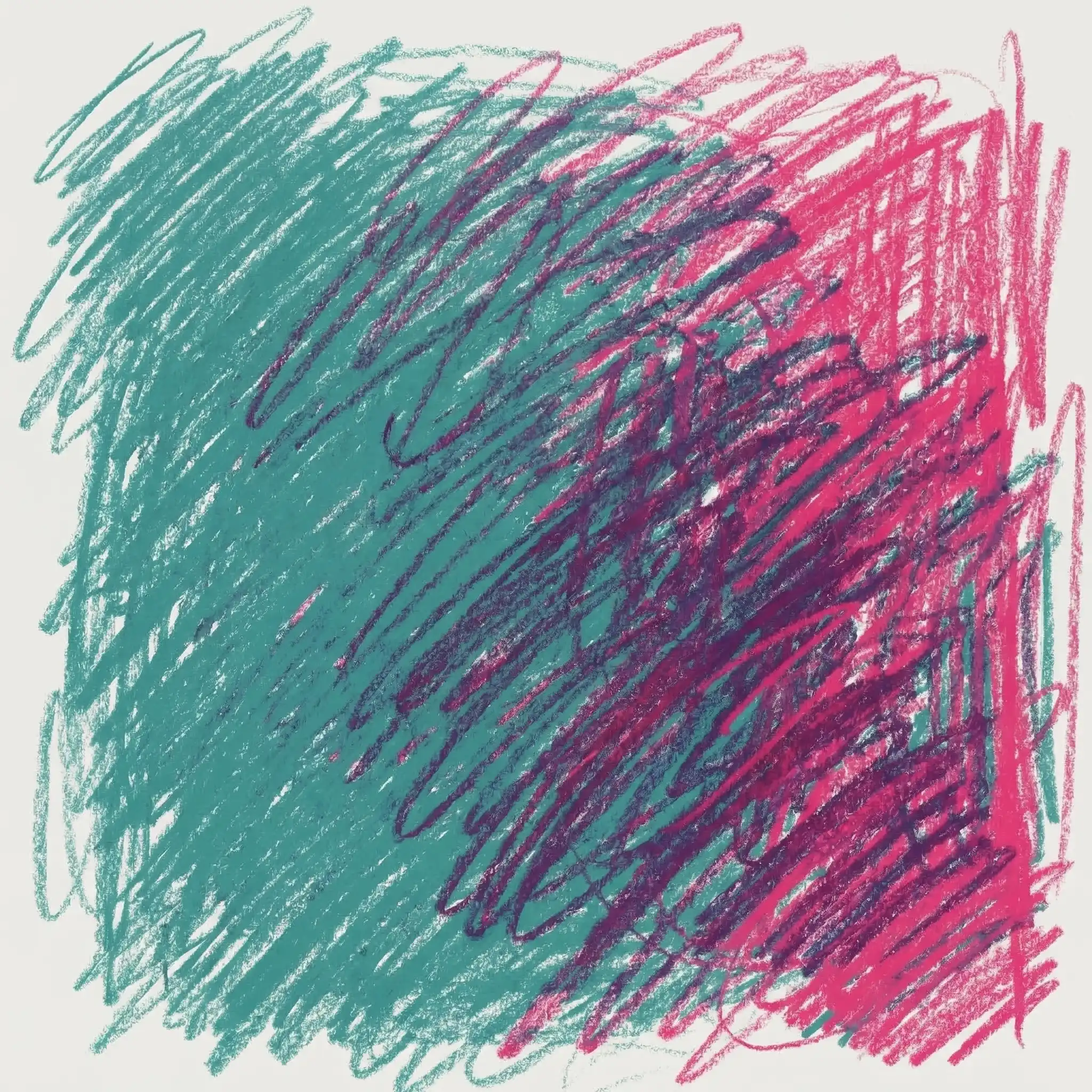 Abstract crayon-style scribble drawing with teal on the left and pink on the right, overlapping in the middle on a light background.
