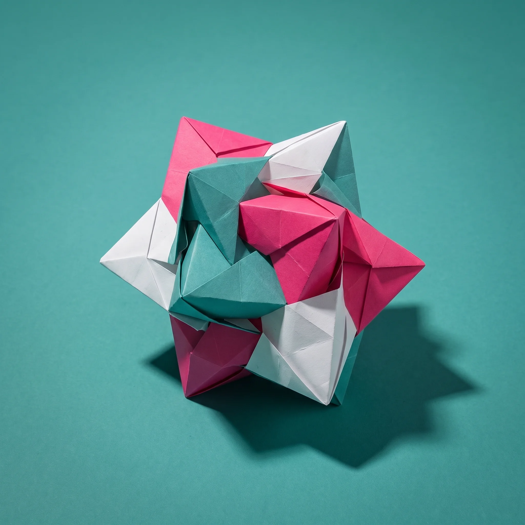 Complex geometric origami sculpture made of interlocking pink, white, and teal paper shapes casting a shadow on a teal surface.