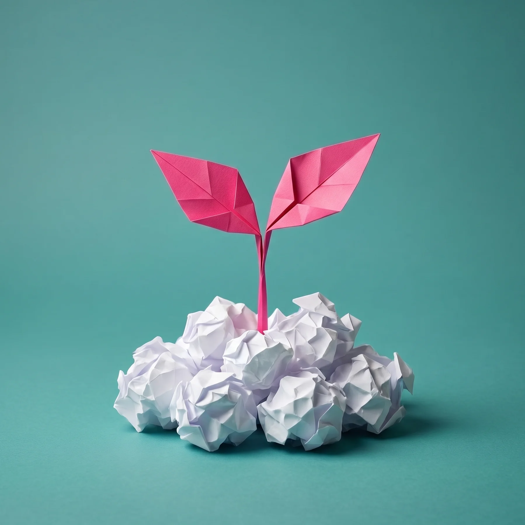 Origami pink plant with two leaves growing from a pile of crumpled white paper balls on a teal background.