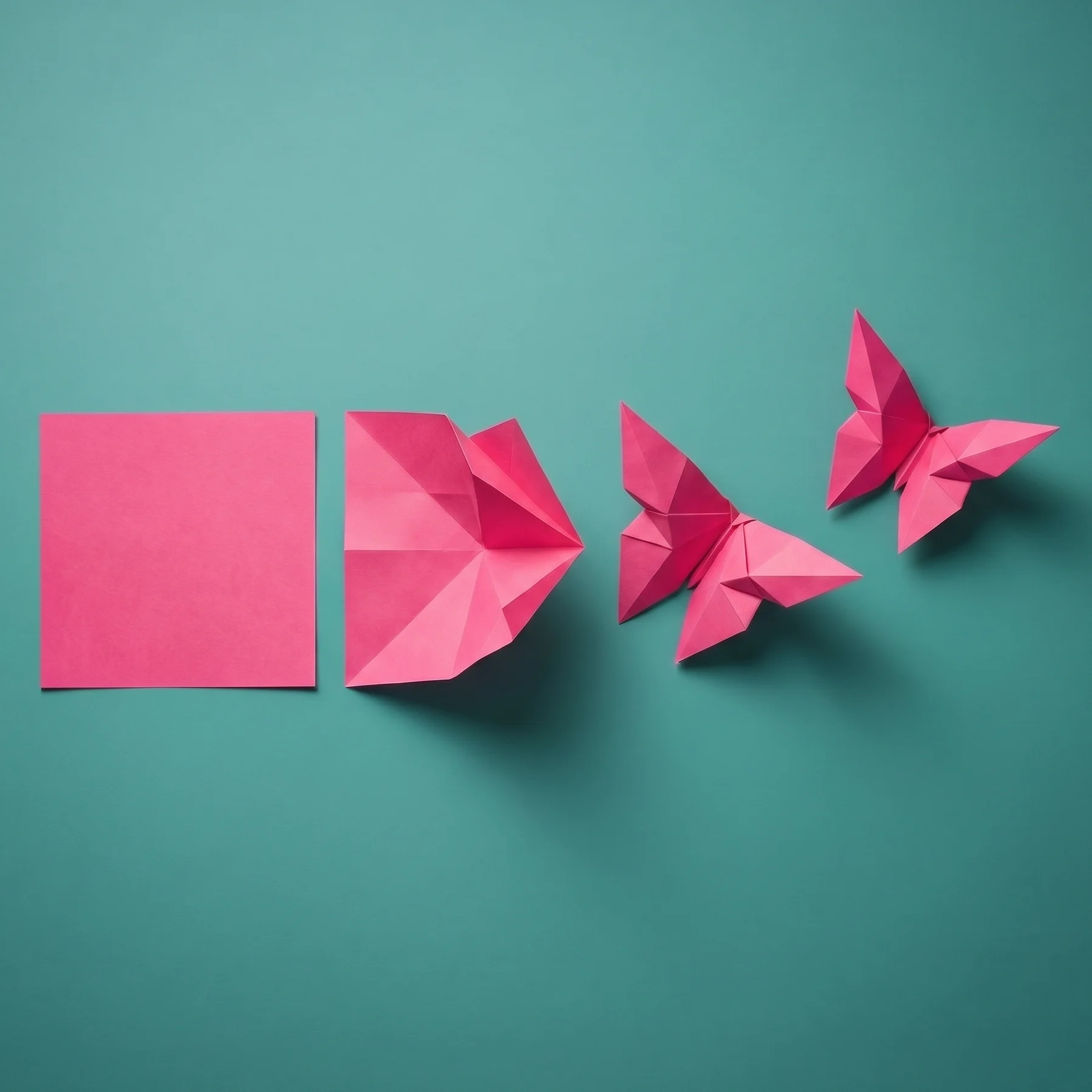 Four pink origami shapes on a teal background, showing a progression from a flat square paper to a folded, pointed shape, then to a partially formed butterfly, and finally a fully folded butterfly.