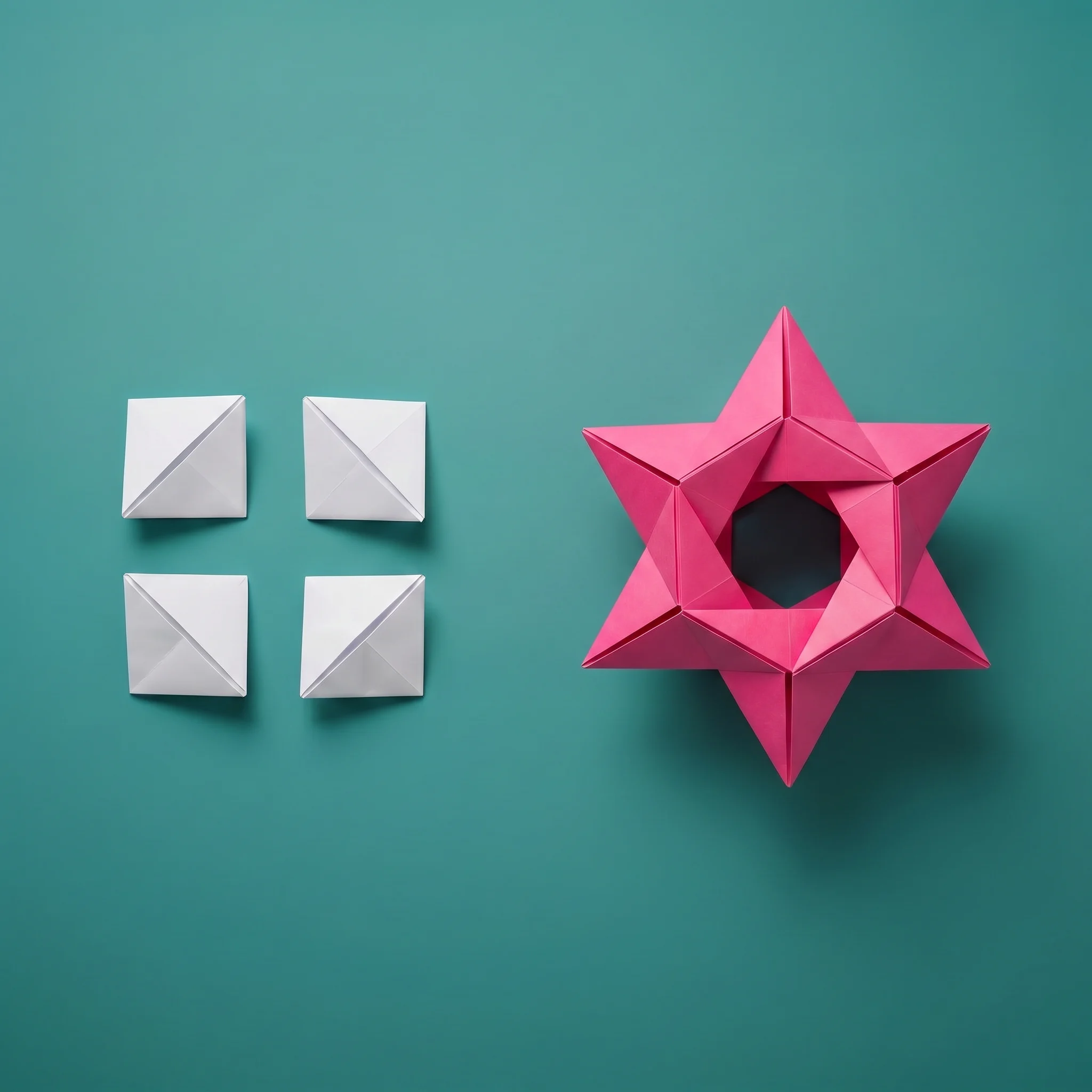 Four white origami squares with triangular folds arranged in a square formation on the left, and a large red origami star with six points and a hexagonal hole in the center on a teal background.