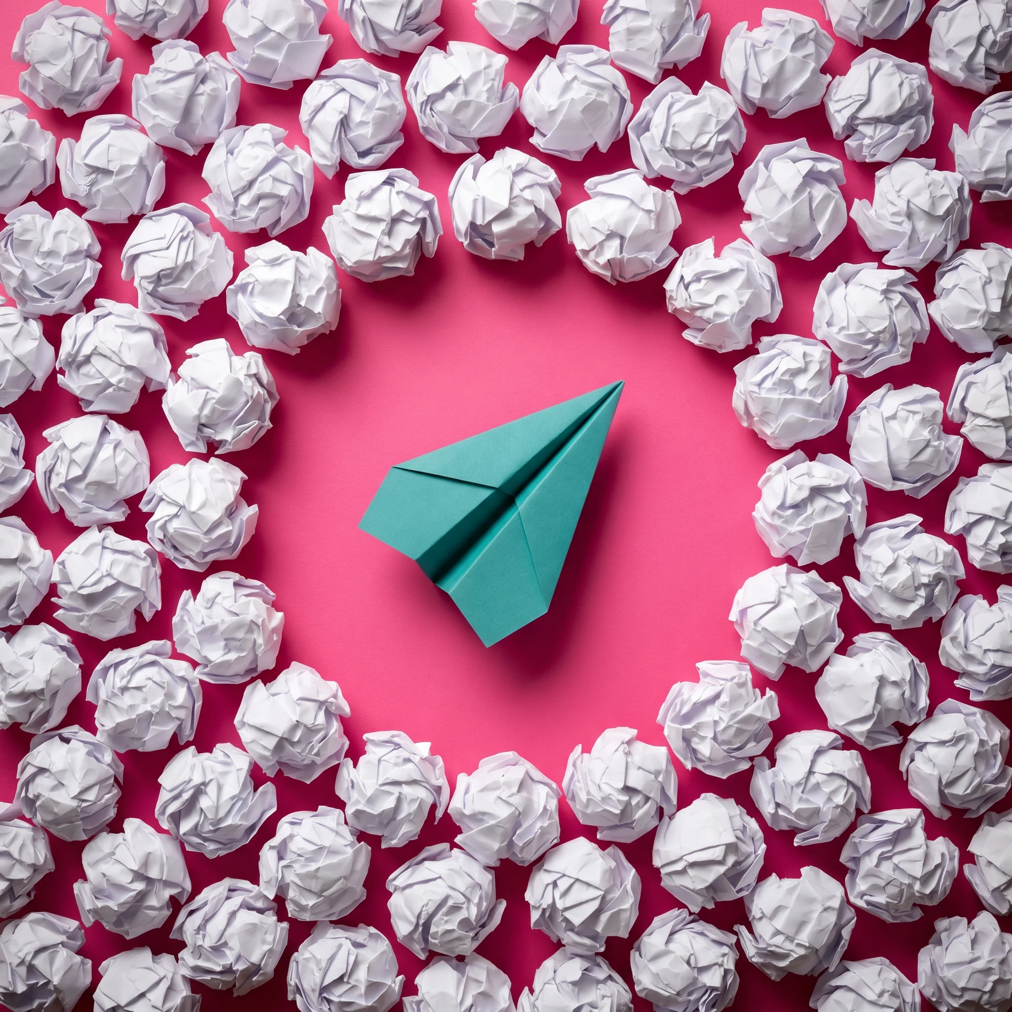 Green paper airplane surrounded by a circle of white crumpled paper balls on a pink background.