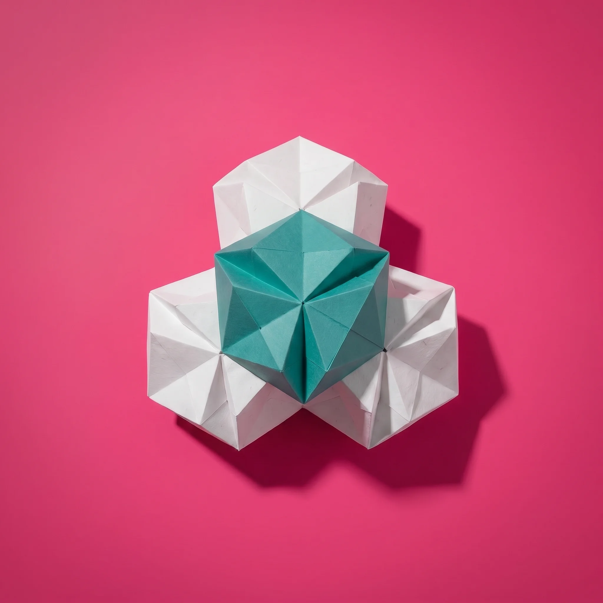 Top view of three white origami shapes arranged in a triangular formation with a teal origami shape placed on top at the center, against a bright pink background.