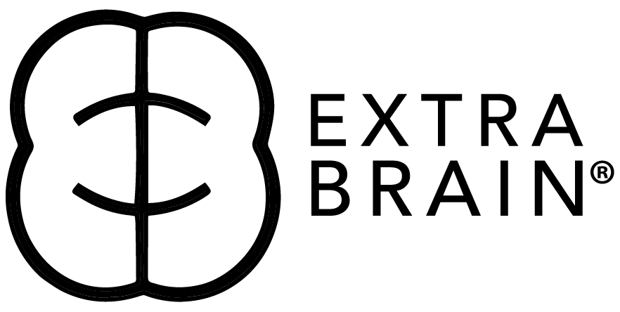 Logo featuring a stylized brain outline divided by a vertical line with interconnected nodes inside, next to the text 'EXTRA BRAIN'.
