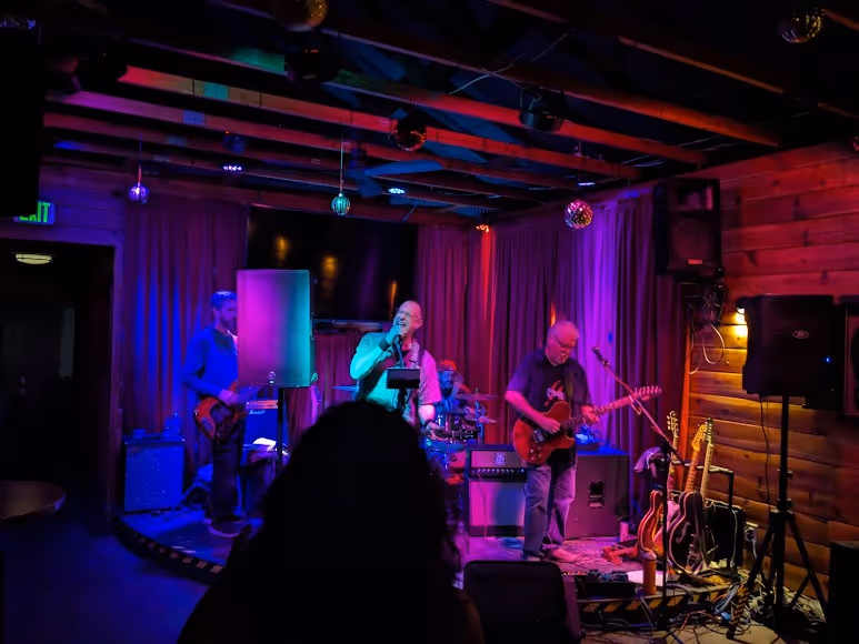 A band performs on stage in a room, featuring a microphone and musical instruments.