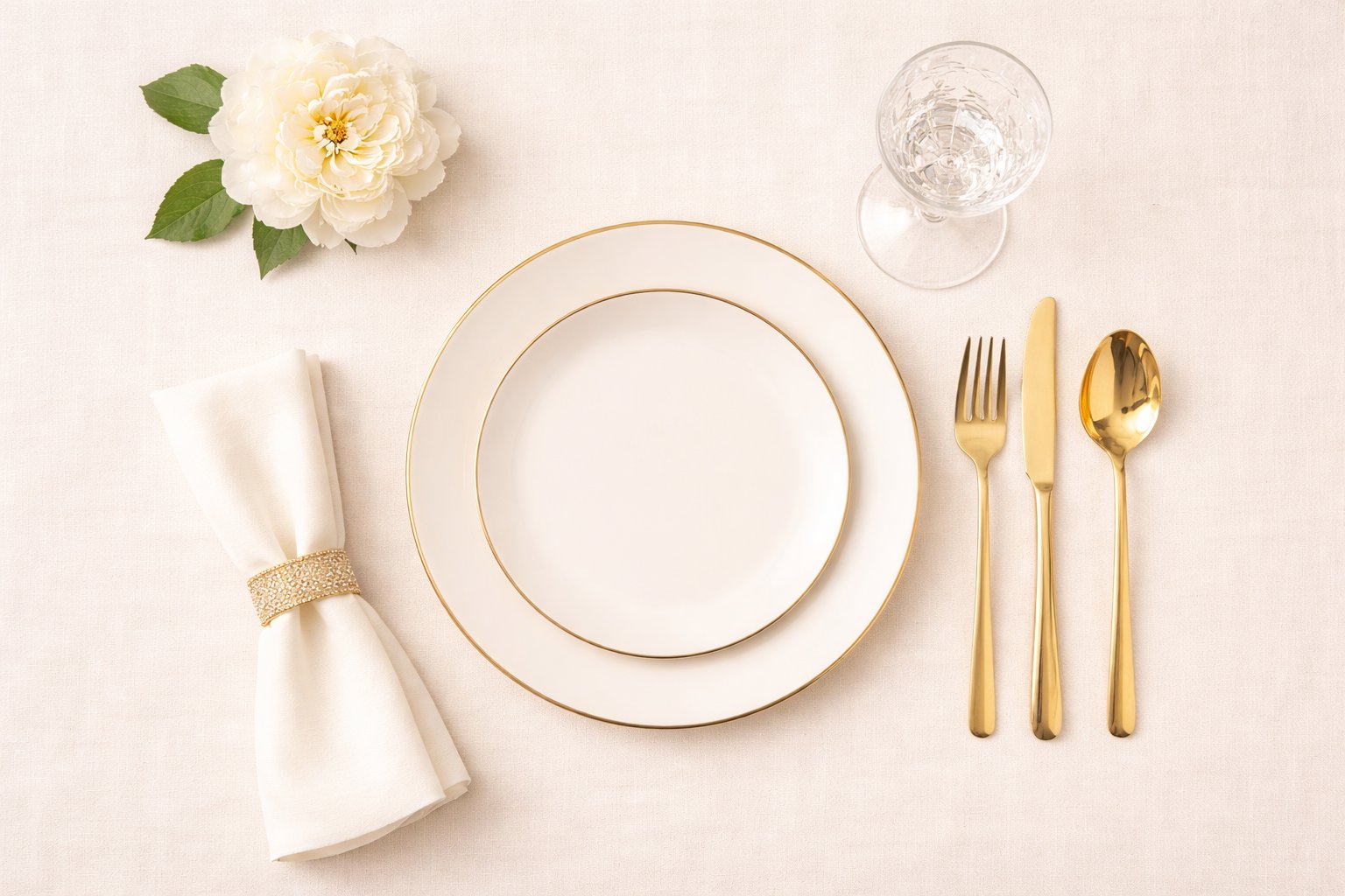 Elegant white place setting with gold flatware and white rose on cream linen — Aboera Terms of Use