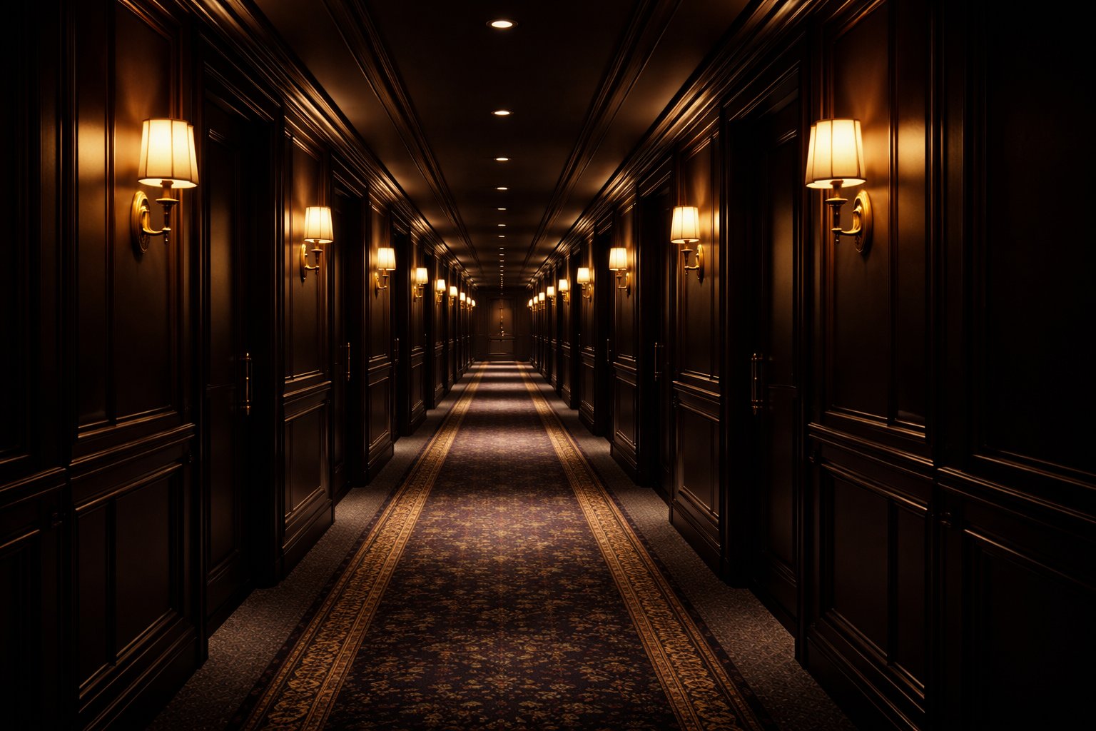 Dark wood-paneled luxury hotel corridor with sconces — For Establishments by Aboera