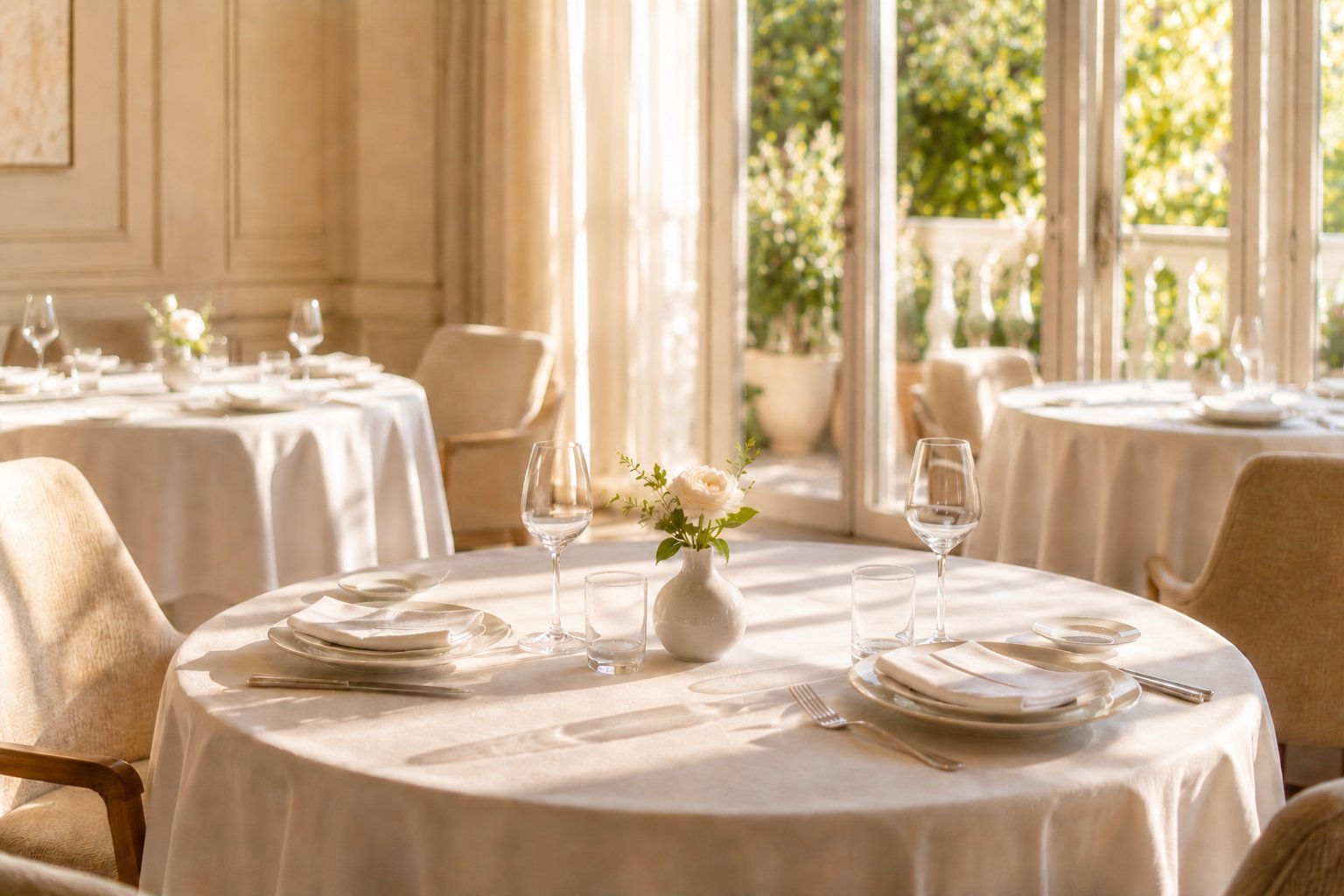 Bright fine dining room with cream tablecloths and natural light through garden windows — Aboera Audit Participation Terms