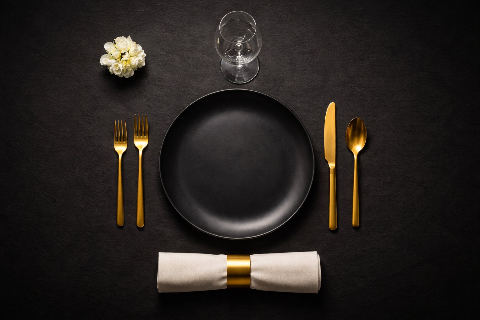 Elegant black plate with gold flatware and single white flower — Nominate an establishment to Aboera
