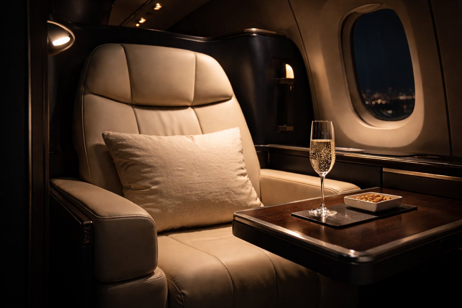 Private jet cabin interior with leather seat, champagne, and window view — Aboera Travel category