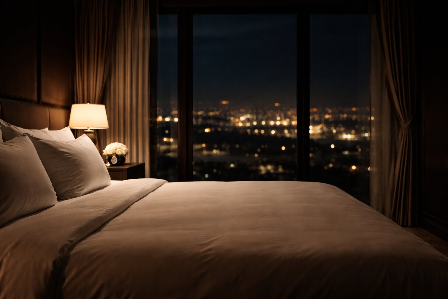 Luxury hotel bedroom with city lights at night through the window — Aboera Stay category