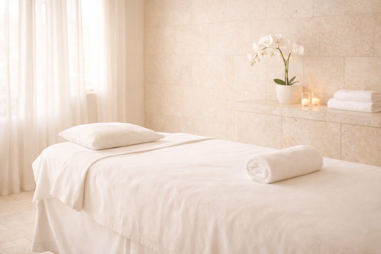 Bright luxury spa massage room with white linens and orchid — Aboera Cookie Policy