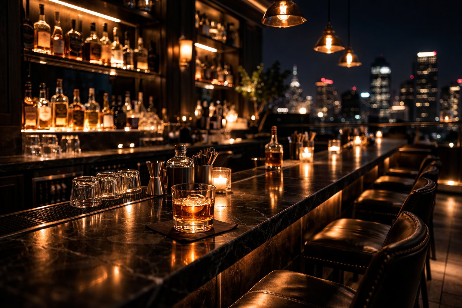 Rooftop cocktail bar at night with city skyline and whiskey on marble — Aboera Leisure category