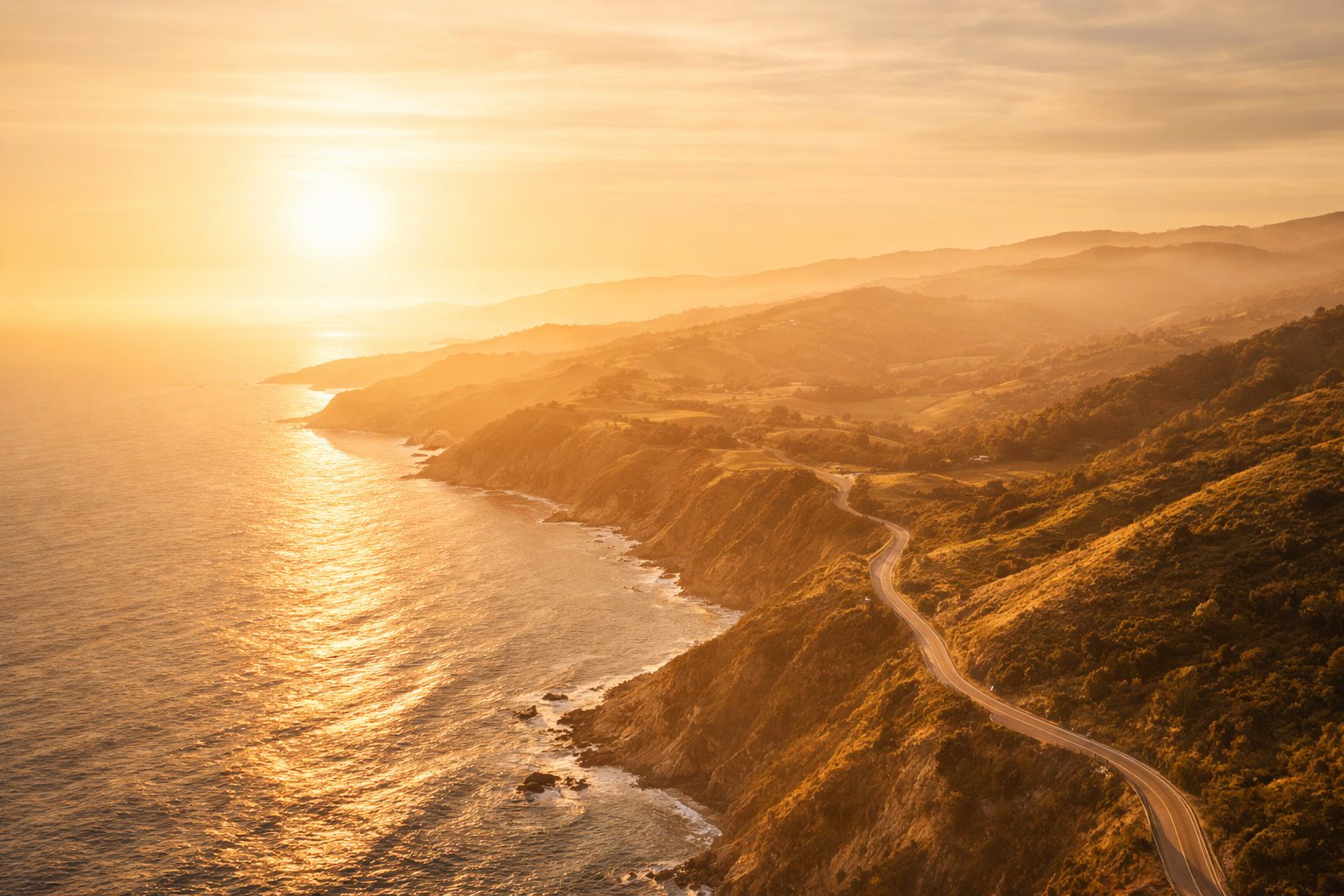 Golden coastal sunset with mountain and winding road — Aboera Privacy Policy