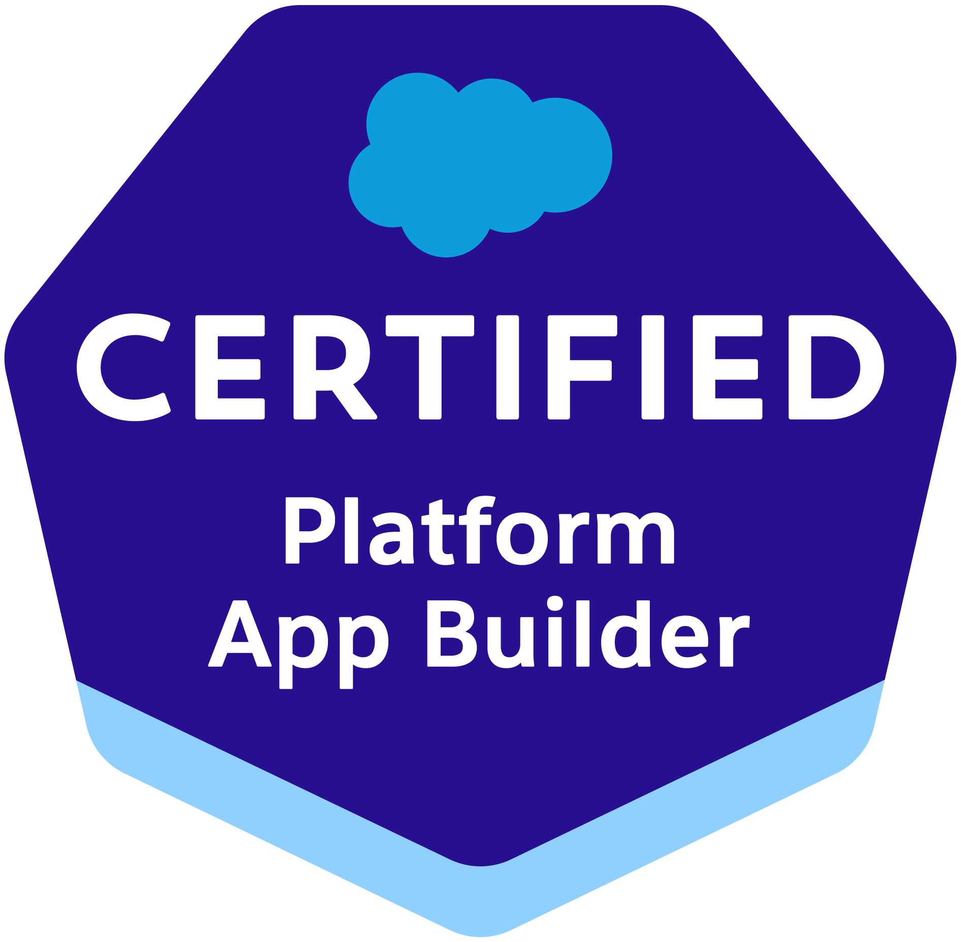 Salesforce Certified Platform App Builder badge with blue cloud icon.