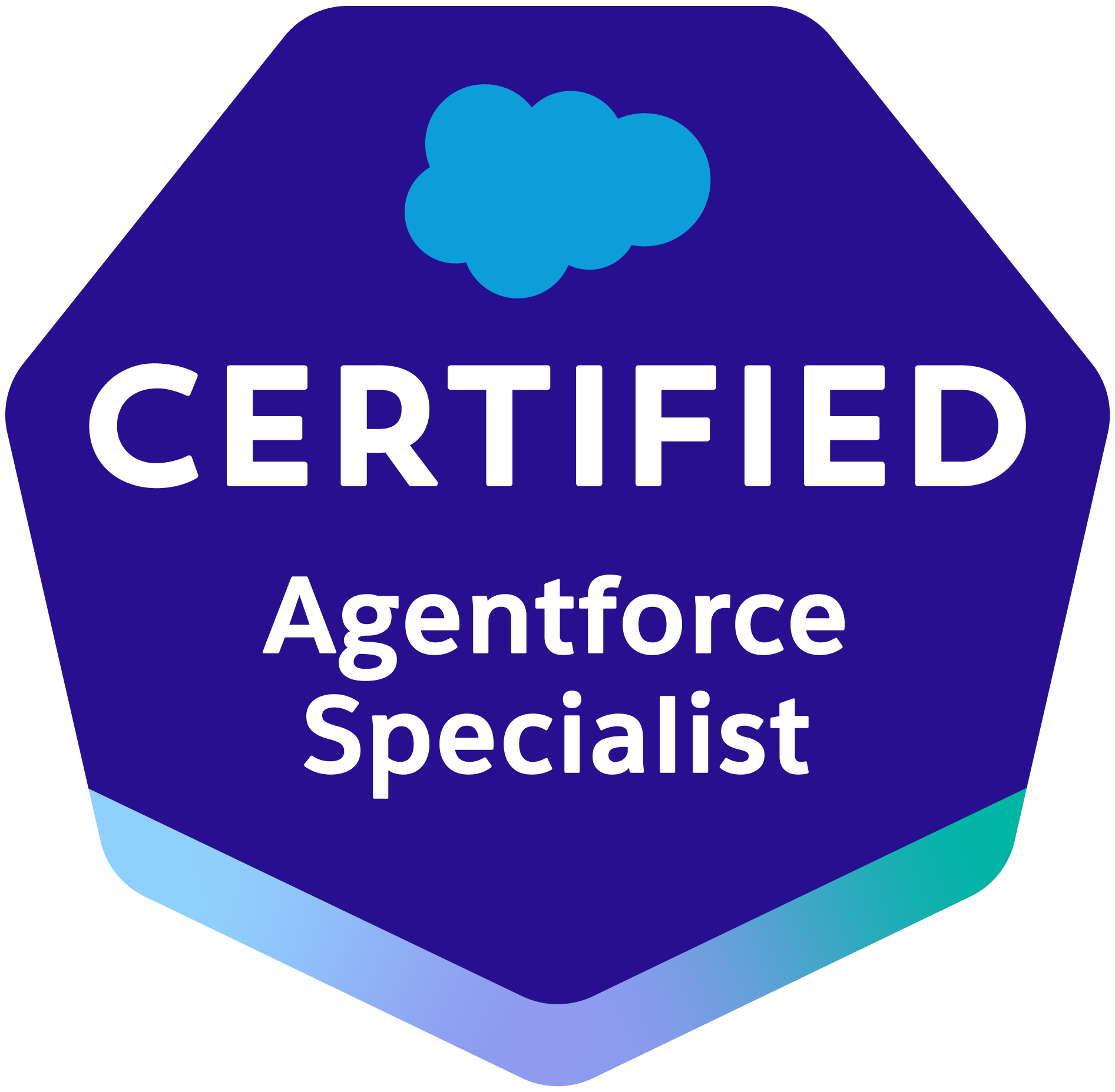 Salesforce Certified Agentforce Specialist badge with blue cloud logo on a dark blue hexagonal background.