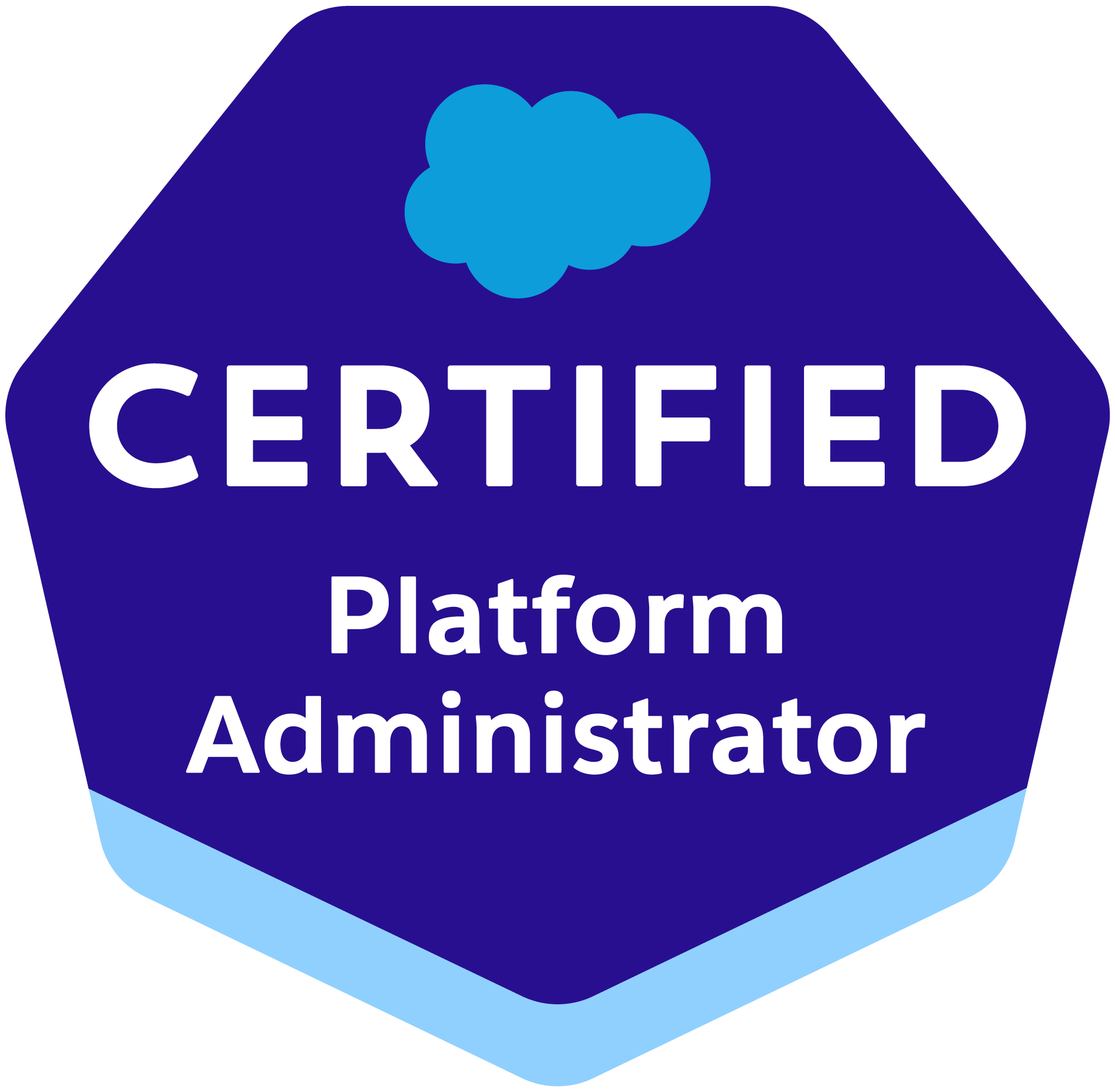 Salesforce Certified Platform Administrator badge with blue cloud icon.