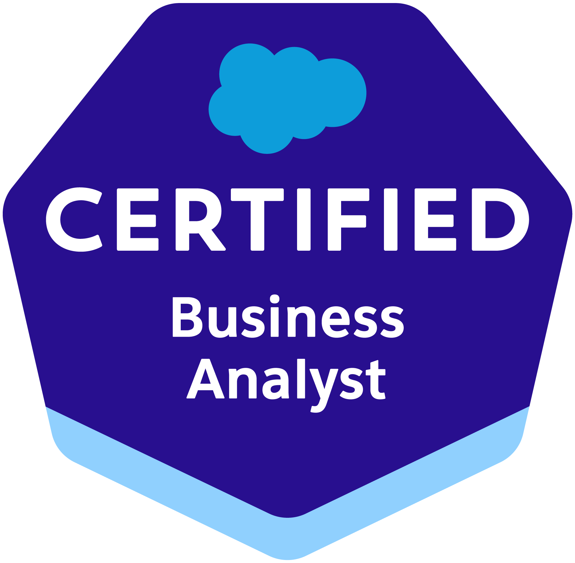 Salesforce Certified Business Analyst badge with a blue cloud logo on a hexagonal dark blue background.