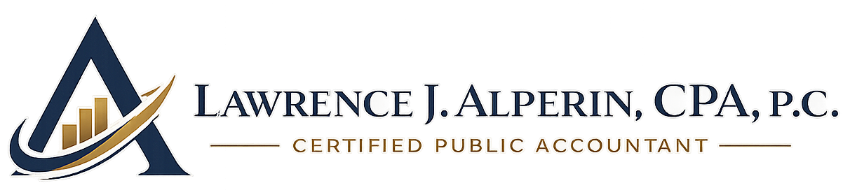 Logo with a stylized letter A and gold bar chart, text Lawrence J. Alperin CPA P.C. Certified Public Accountant.