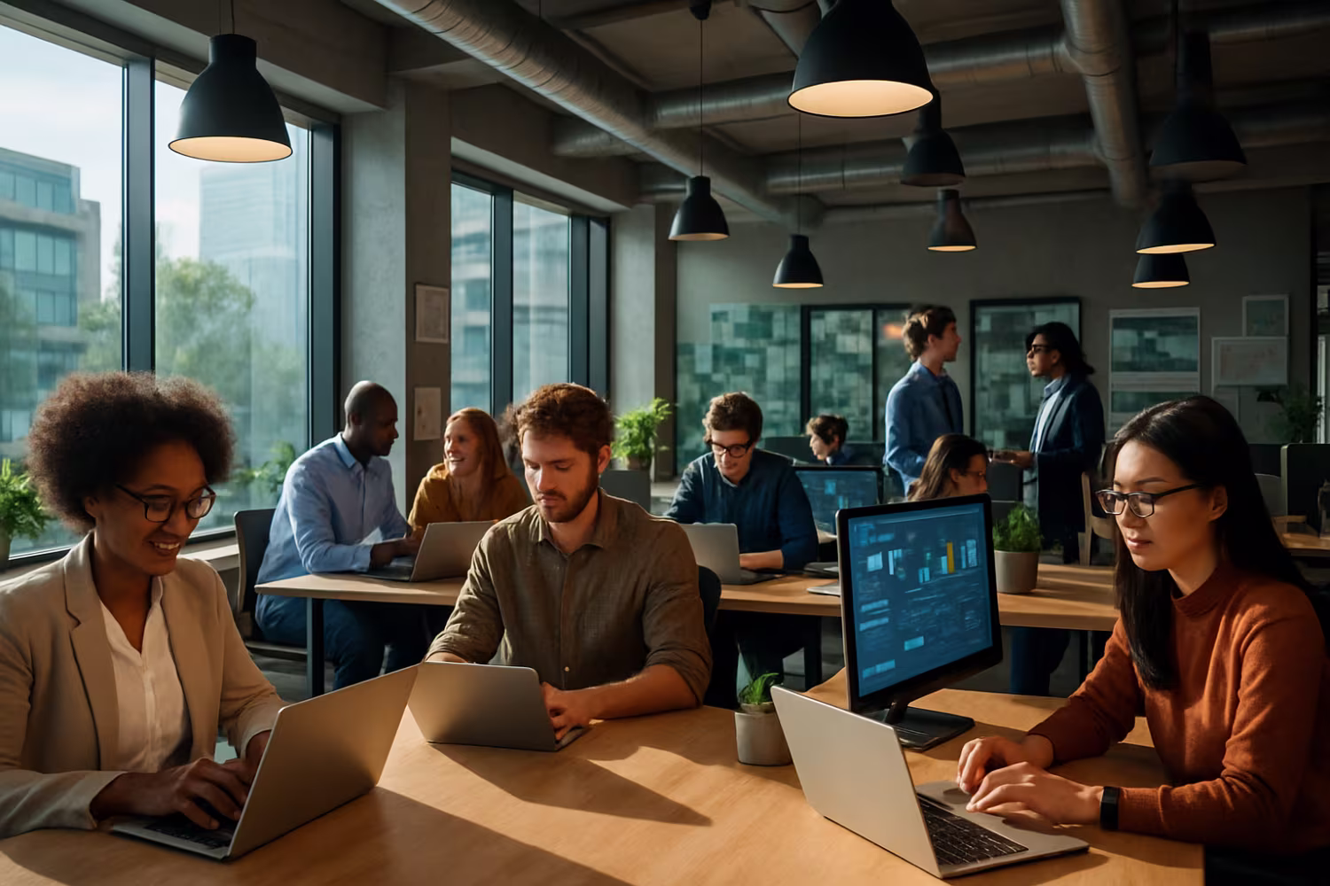 Professionals collaborating in managed IT solutions office