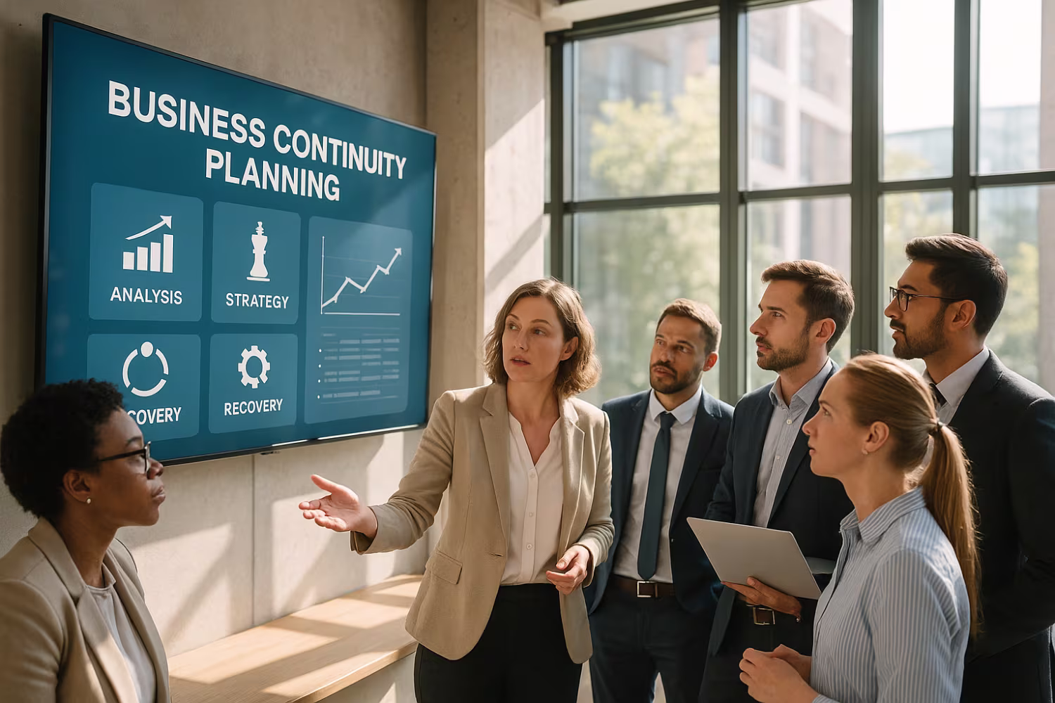 Diverse team discussing business continuity plan