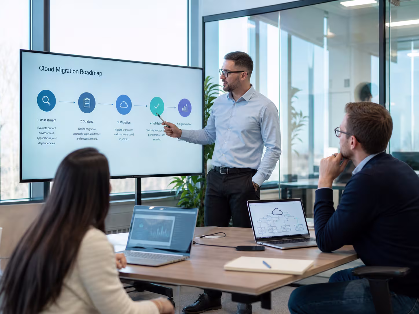 Diverse team brainstorming cloud migration consulting