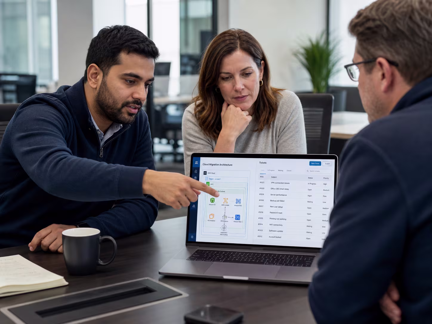 Diverse IT team discussing cloud migration consulting