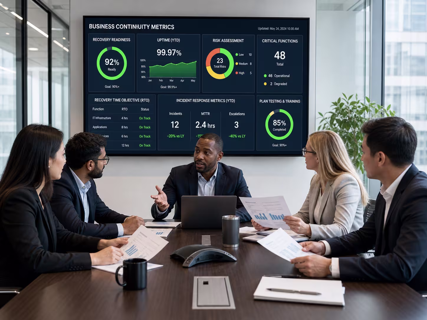 Diverse team discussing business continuity metrics