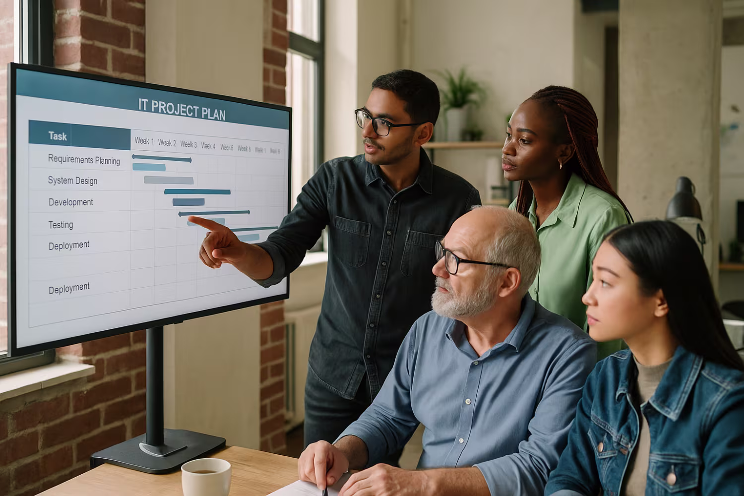 Diverse team discussing IT project plan