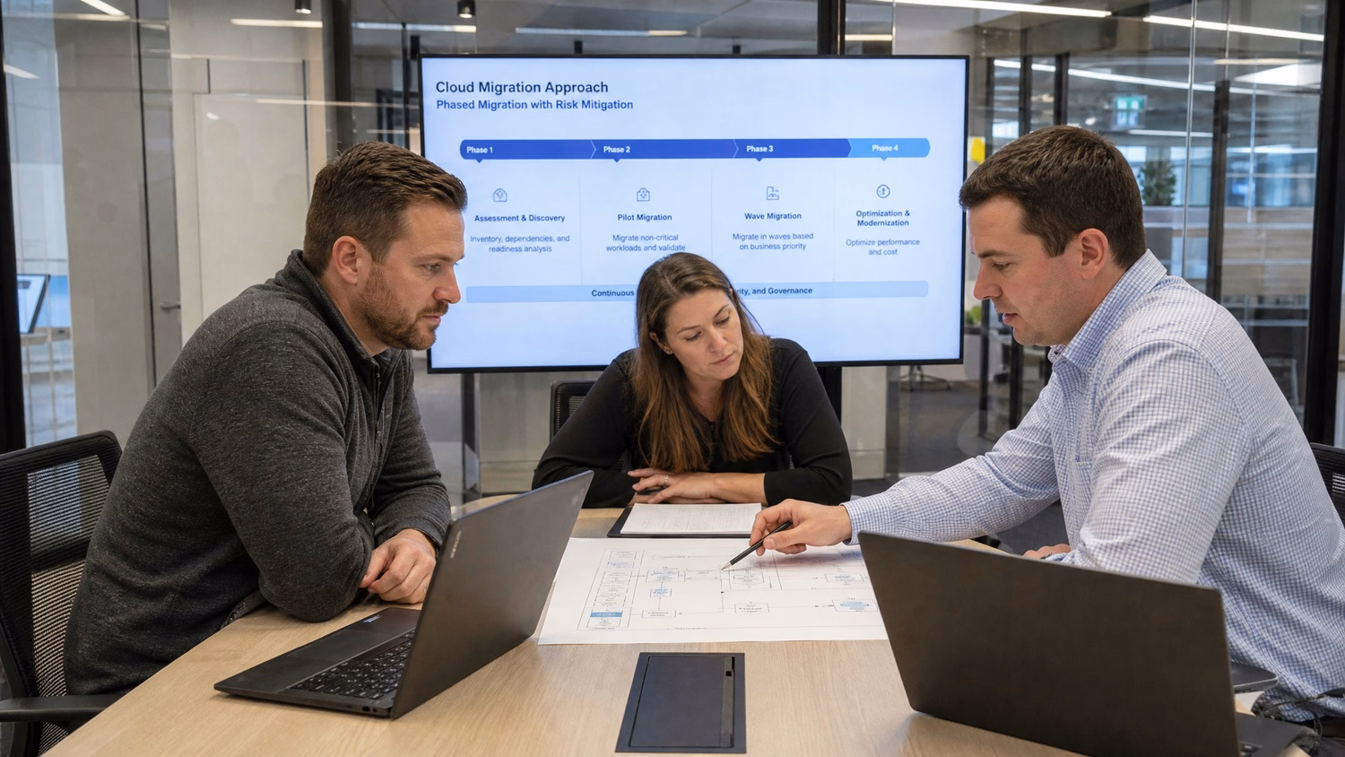 SMALL CONFERENCE ROOM An IT professional  three people seated around a small