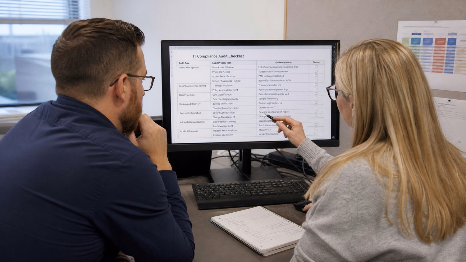SIDE-BY-SIDE PAIR An IT professional  two people seated side by side reviewin