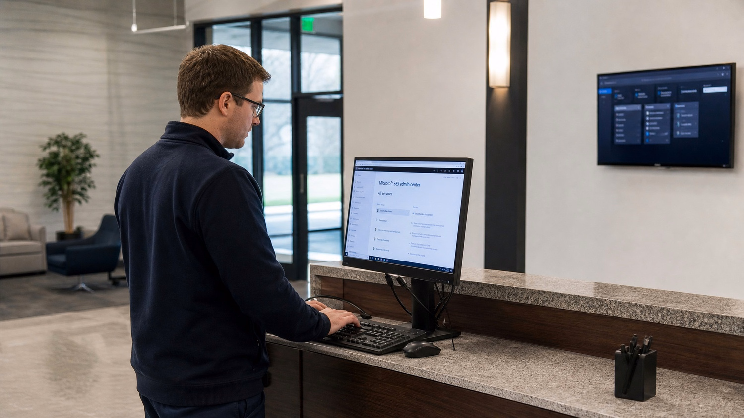 RECEPTION AREA An IT professional  one person standing at a front reception d