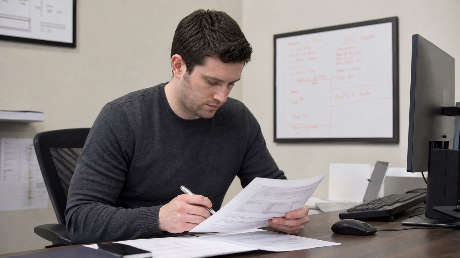 FOCUSED READING An IT professional one person seated at a desk reading print