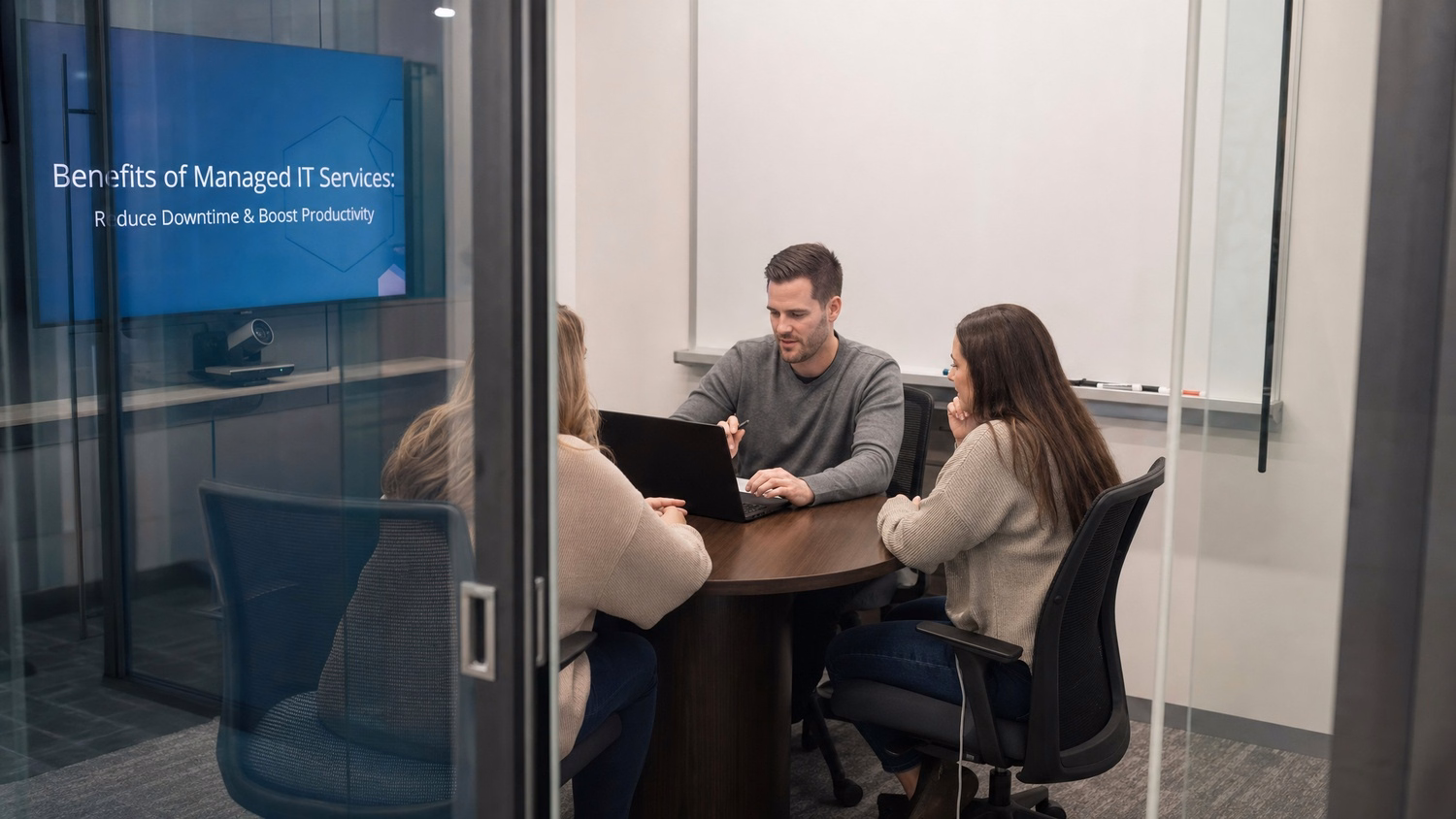 SMALL CONFERENCE ROOM An IT professional three people seated around a small