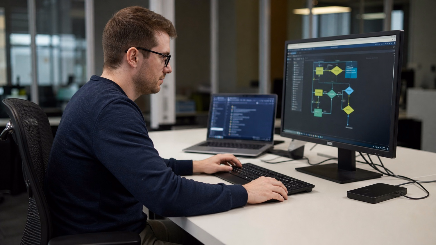 SOLO WORKSTATION An IT professional one person alone at a single desk with a