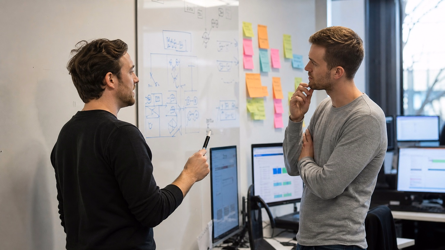 Men discuss ideas at whiteboard with sticky notes