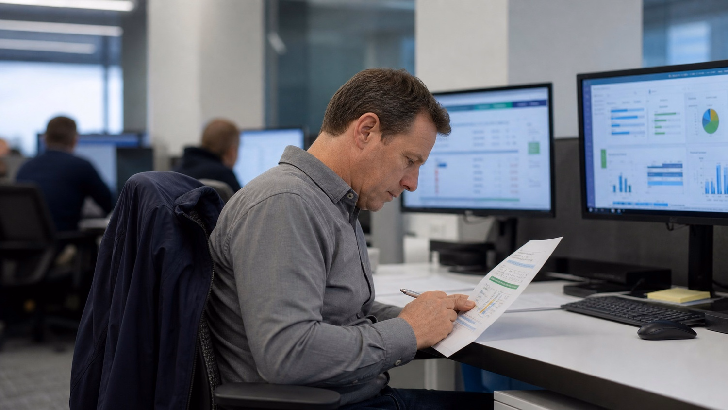 Man reviews security report at desk, holding pen