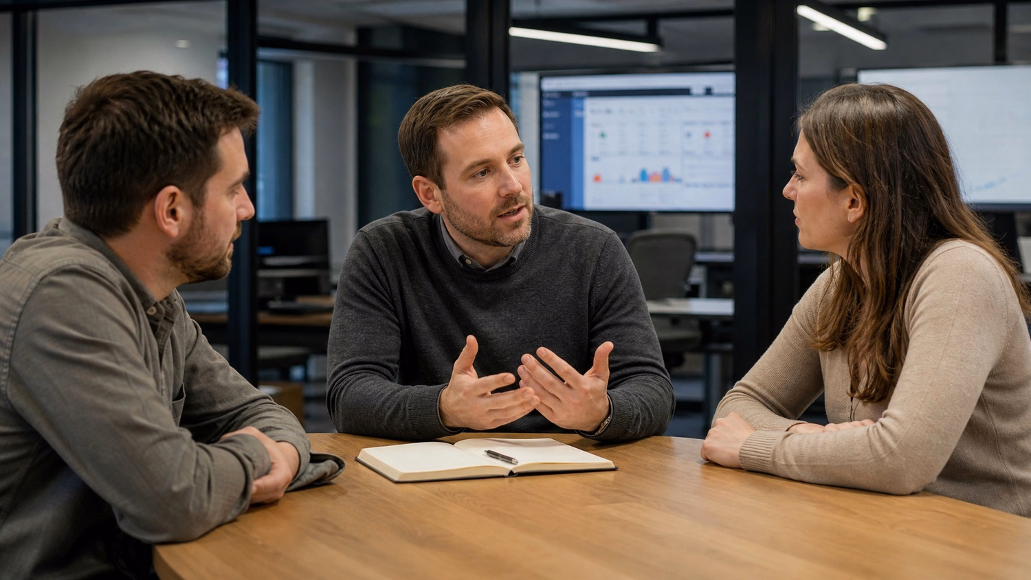 IT team discusses cybersecurity risk assessment at table