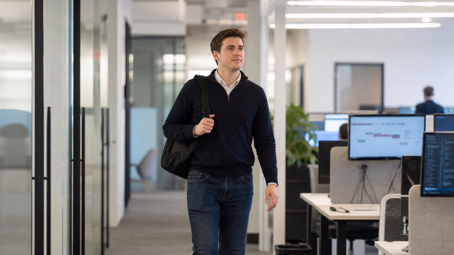 Person with laptop bag walks down bright office hallway