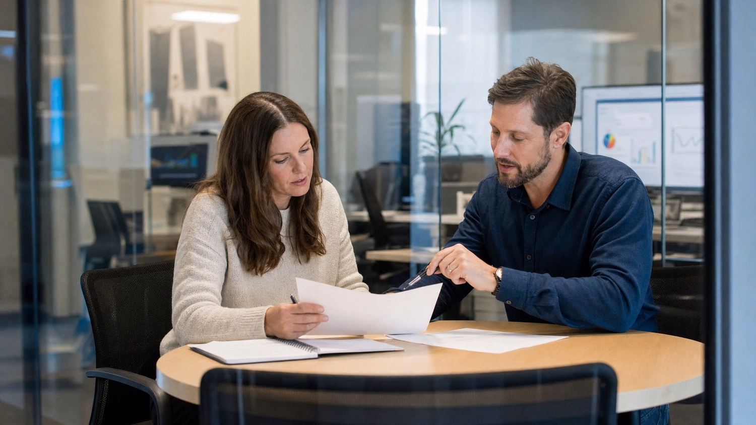 Two VCs discuss papers at conference table notebook