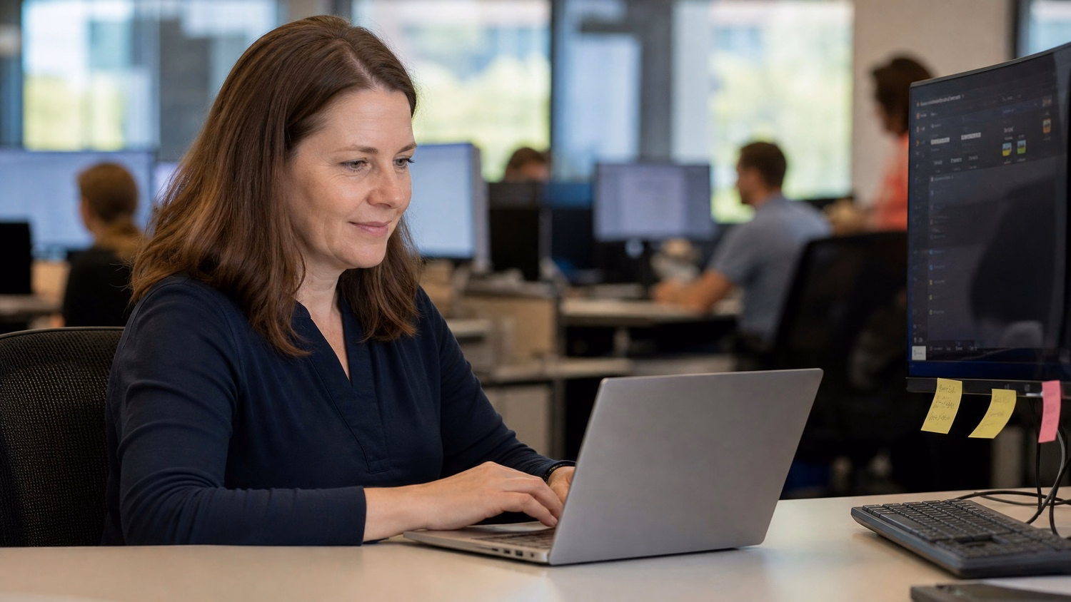 Woman at desk reviews laptop screen with monitor sticky notes 70 chars