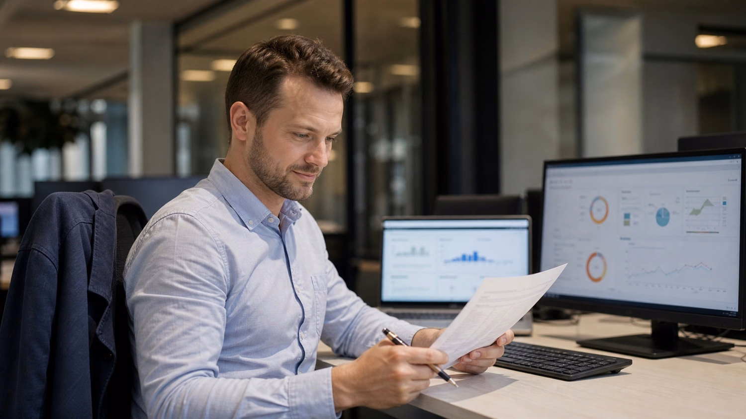 A Caucasian man in his 30s is seated at a desk, reading a printed report with a
