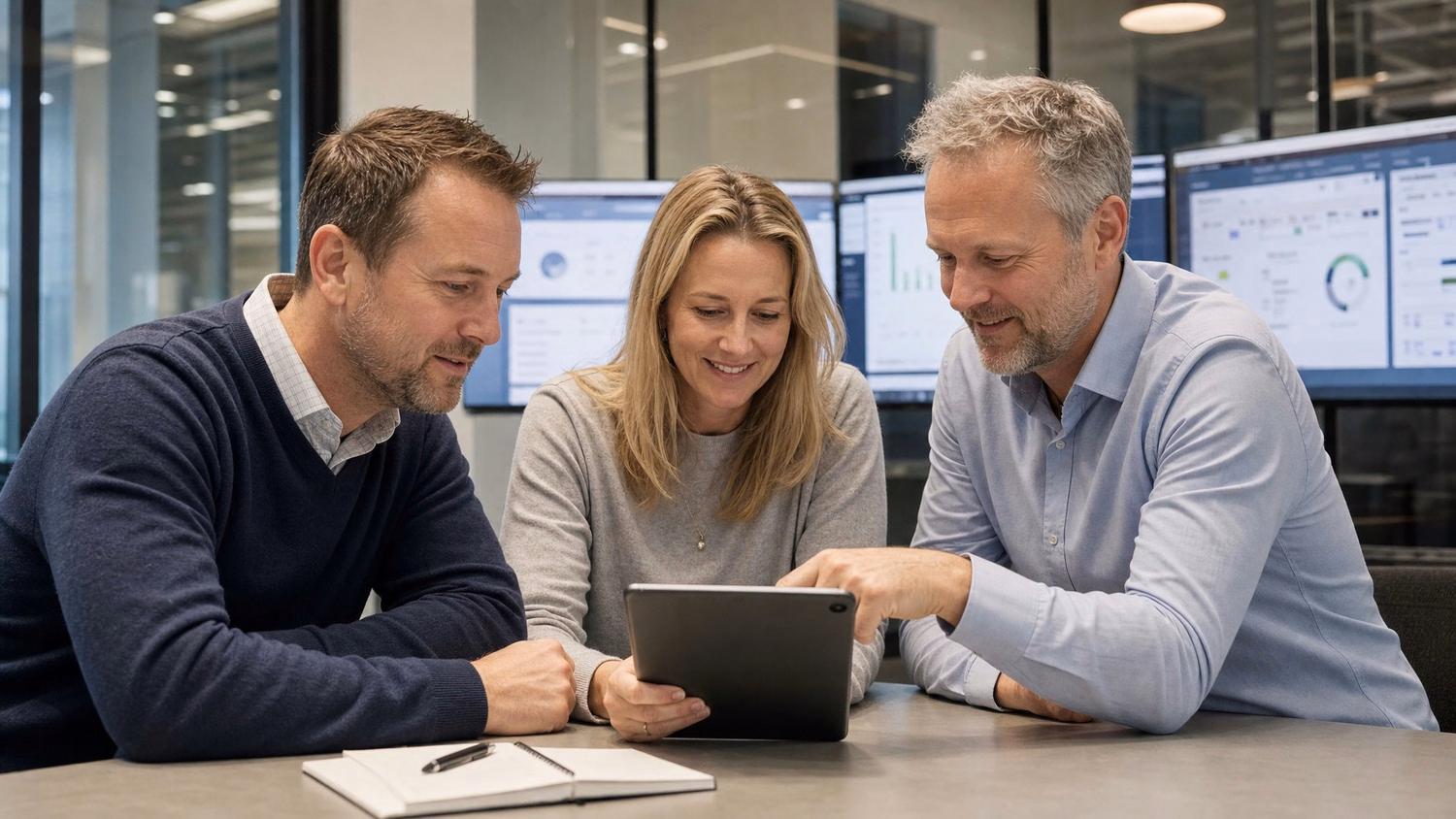 Business team reviewing tablet in glass conference room
