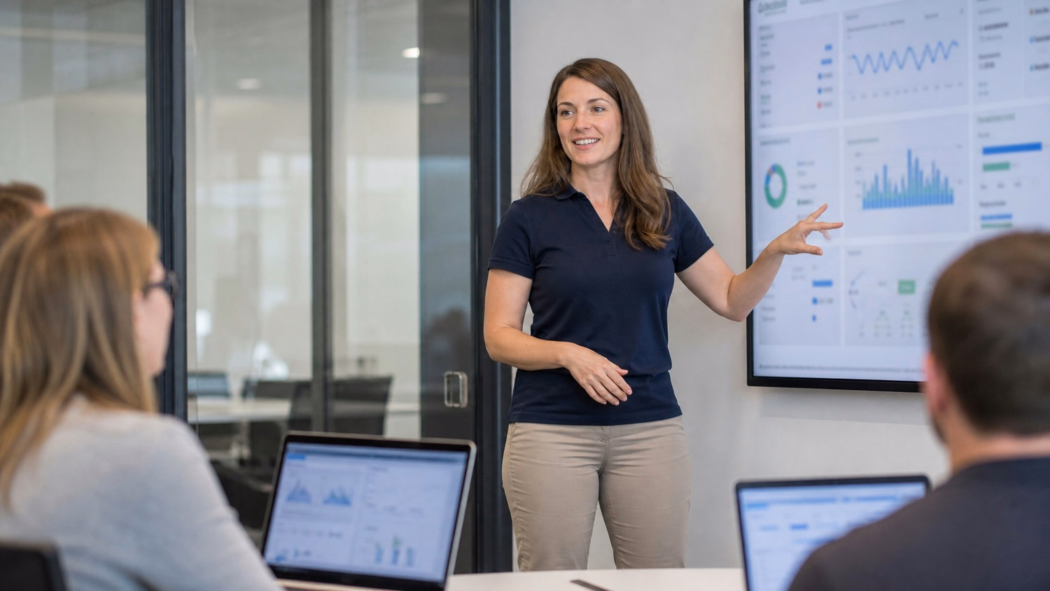 Woman in navy polo gestures at presentation screen