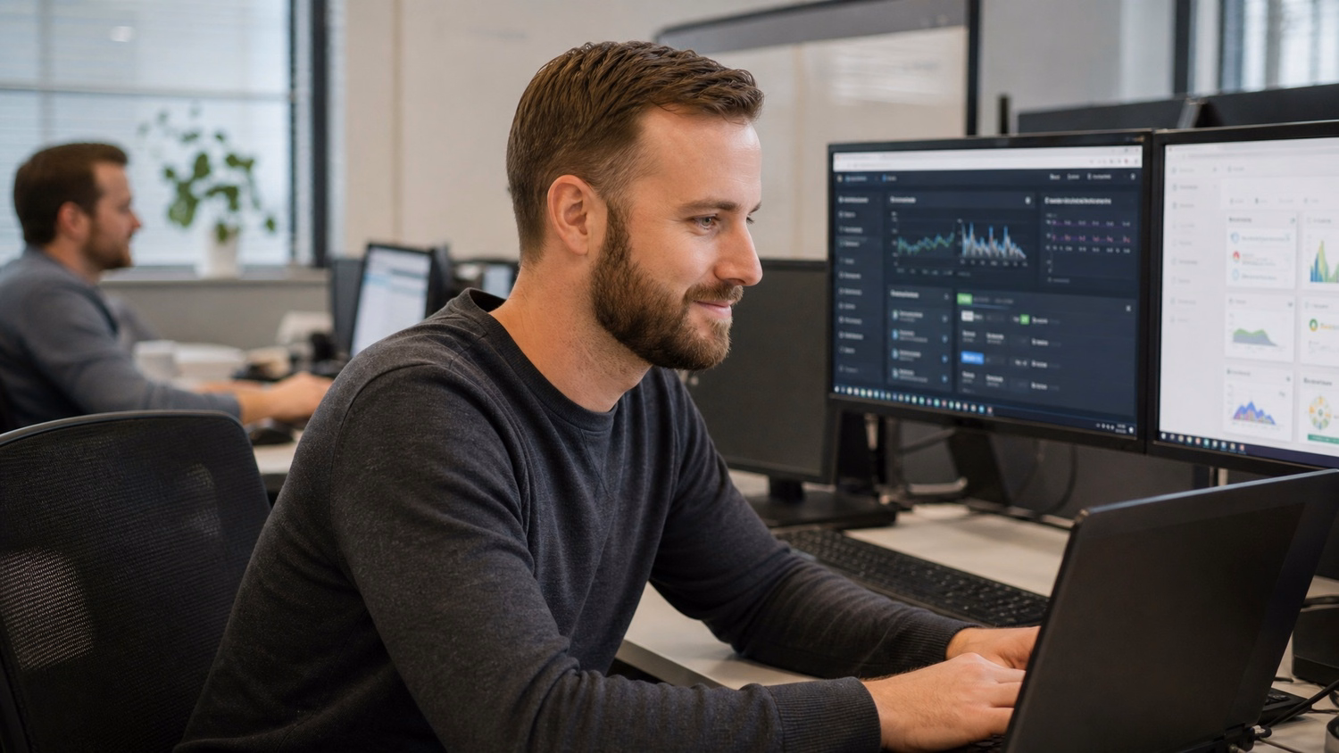 IT professional monitors server rack for network uptime