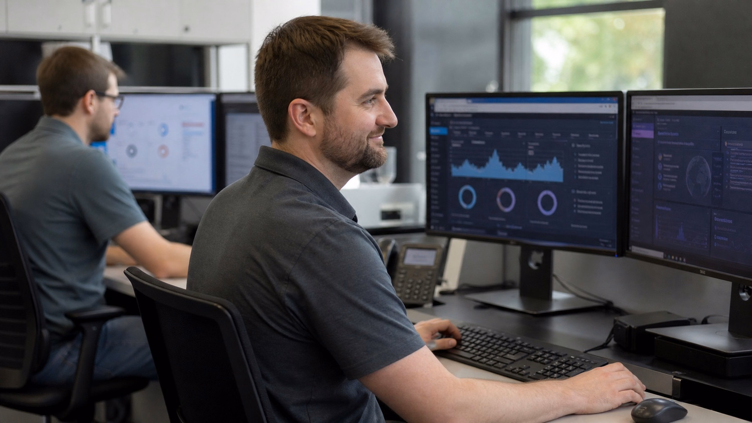 IT professional analyzes system performance data for downtime reduction